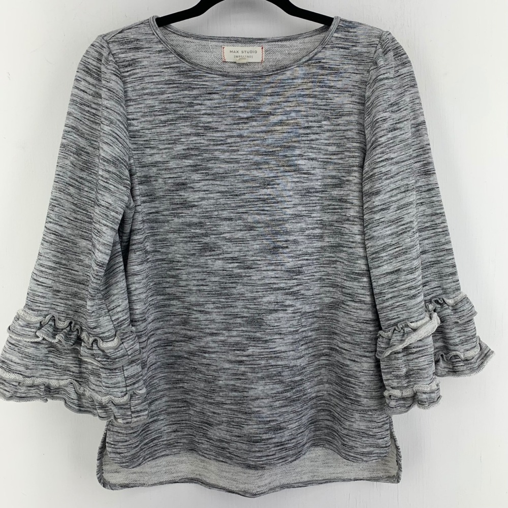 Max Studio Weekend Gray Space Dye Ruffle Bell Sleeve Sweatshirt Womens Medium